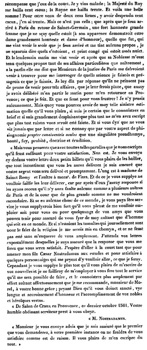Nostradamus, Lettre  Morel, 1561