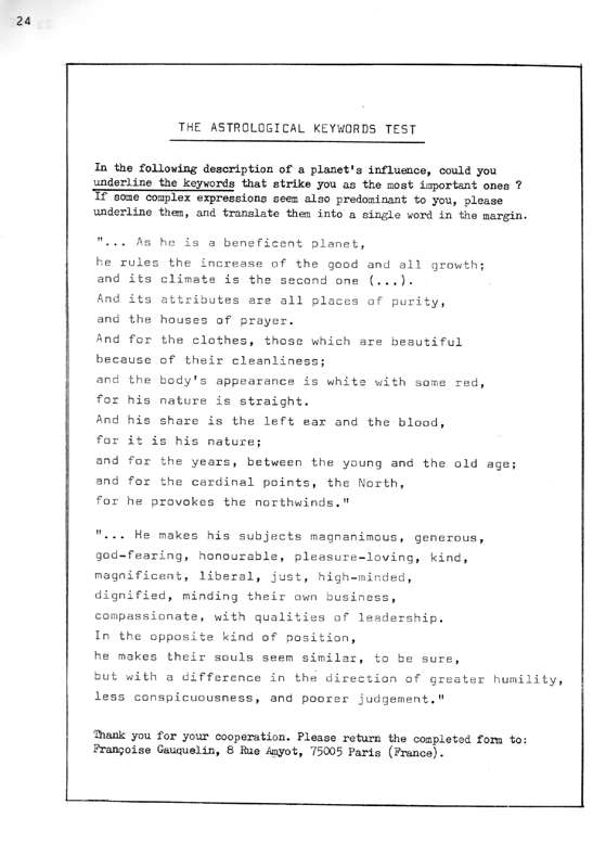 Franoise Gauquelin, Planetary Keywords, APP 1.1, 1982