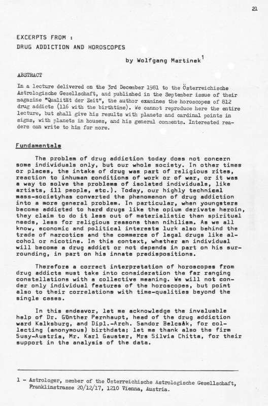 Wolfgang Martinek: Excerpts from 'Drug Addiction and Horoscopes', APP 1.4, 1983