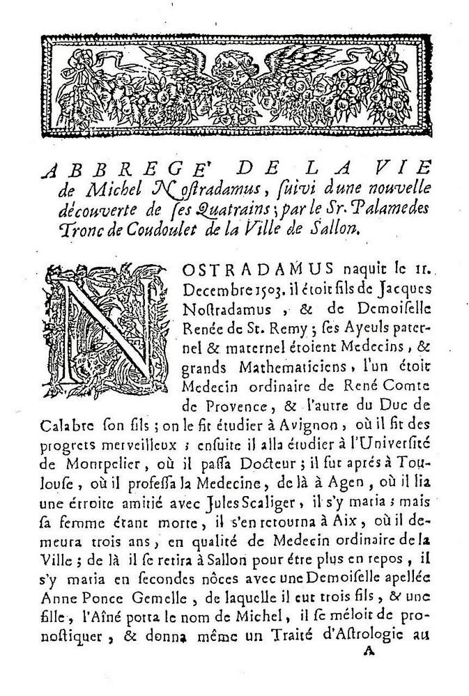 Palamède Tronc de Coudoulet, Abbregé de la vie de Michel Nostradamus, 1701