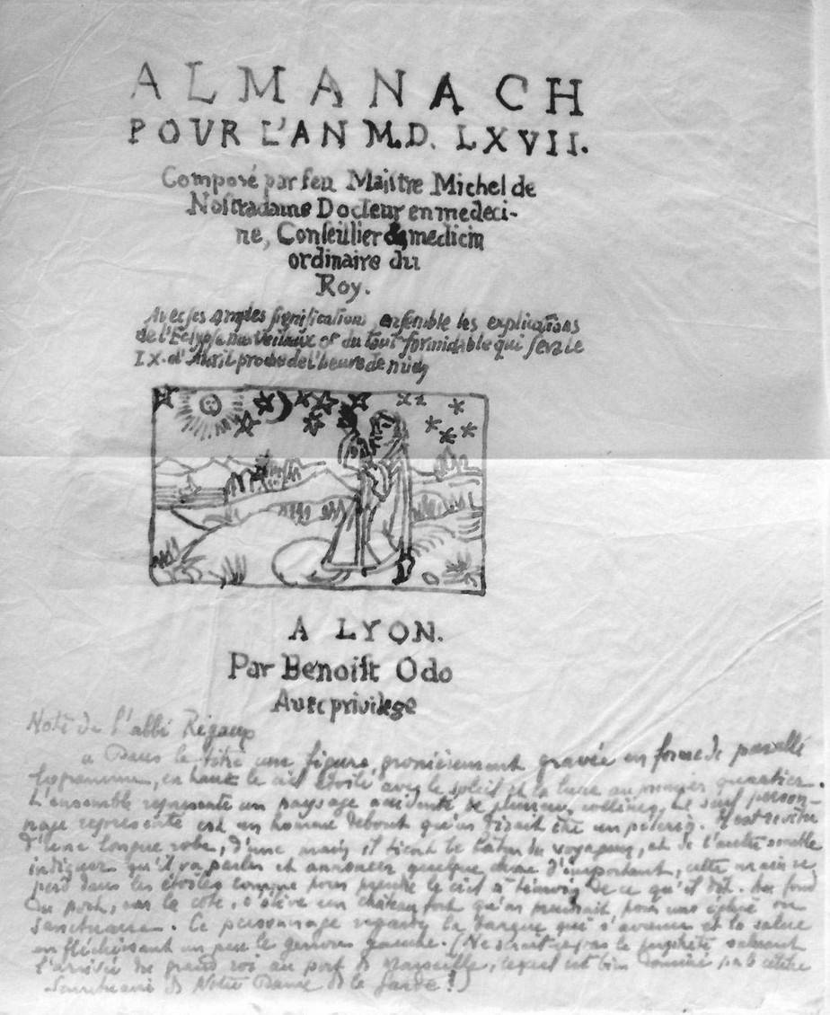 Almanach pour l'An 1567, dessin et note Rigaux